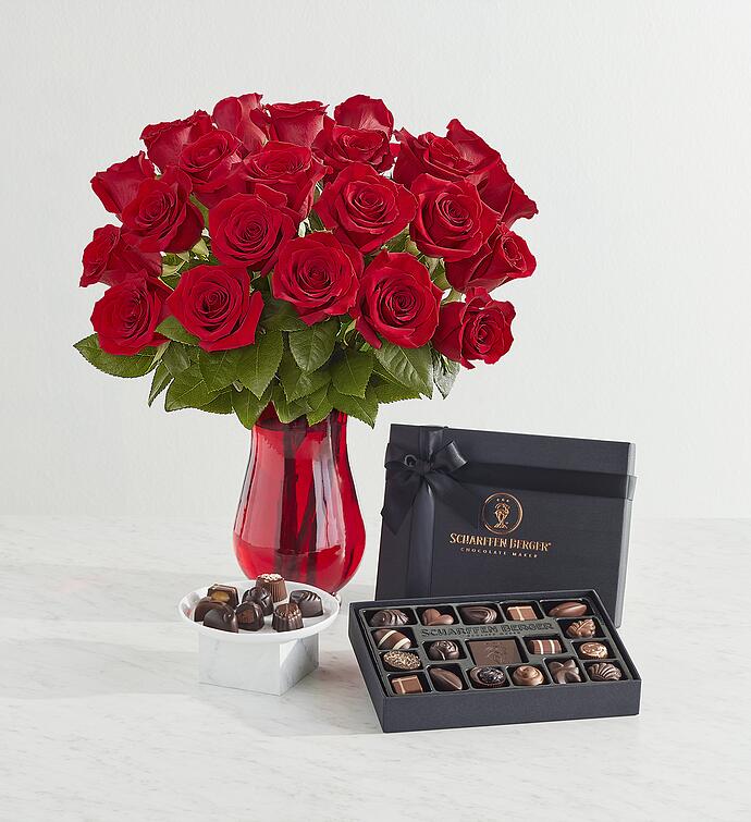 Scharffen Berger® Chocolatier's Collection with Two Dozen Red Roses